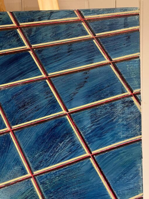 French 20th Century Gridded Geometry in Blue and Gold Contemporary Painting - Image 5