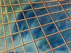 French 20th Century Gridded Geometry in Blue and Gold Contemporary Painting