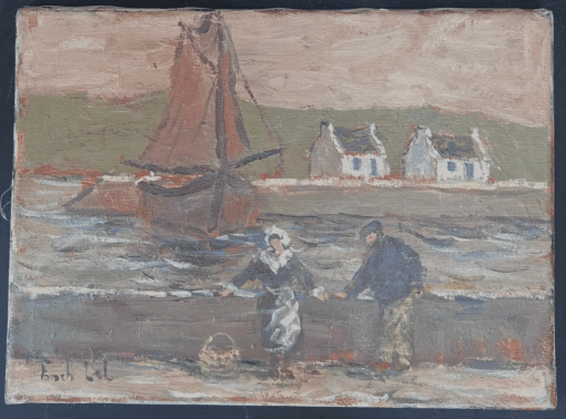 Maid and Fisherman Watching the Quiet Harbour Impressionist French Oil Painting - Image 2
