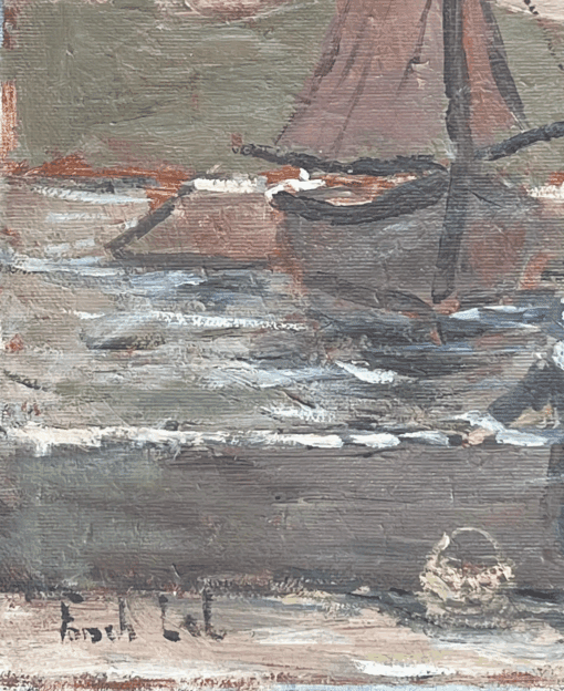 Maid and Fisherman Watching the Quiet Harbour Impressionist French Oil Painting - Image 4