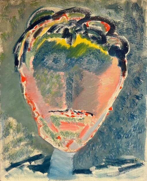 French 20th Century Abstract Head Portrait of Figure Large Oil Painting Canvas