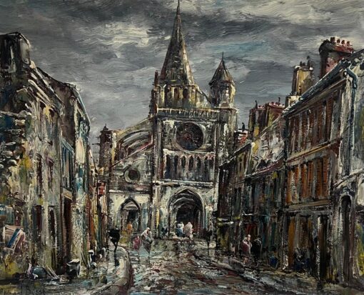 Mid 20th Century French Expressionist Signed Oil Painting French Cathedral City - Image 2