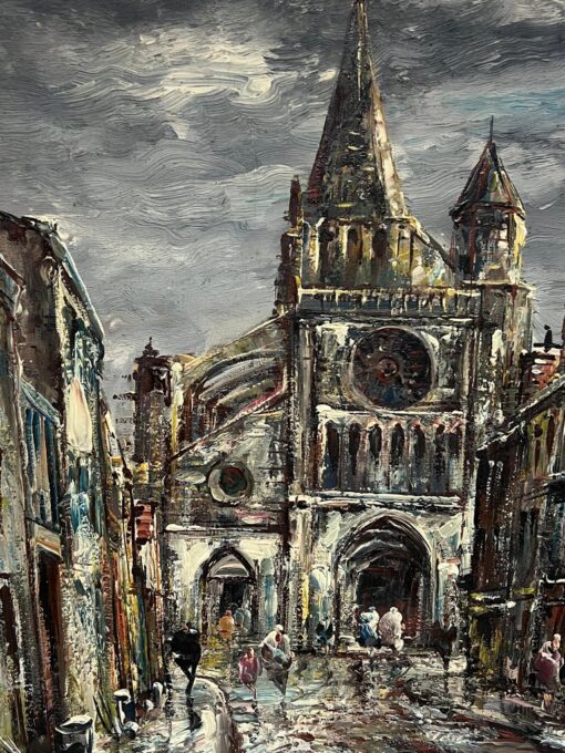 Mid 20th Century French Expressionist Signed Oil Painting French Cathedral City - Image 4
