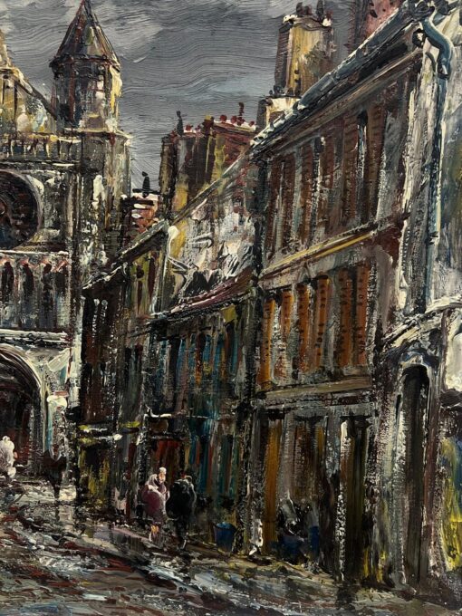 Mid 20th Century French Expressionist Signed Oil Painting French Cathedral City - Image 6