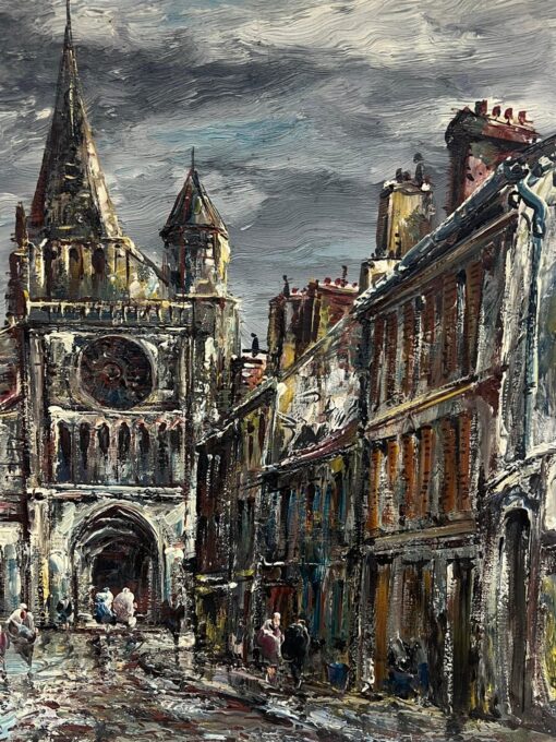 Mid 20th Century French Expressionist Signed Oil Painting French Cathedral City - Image 11