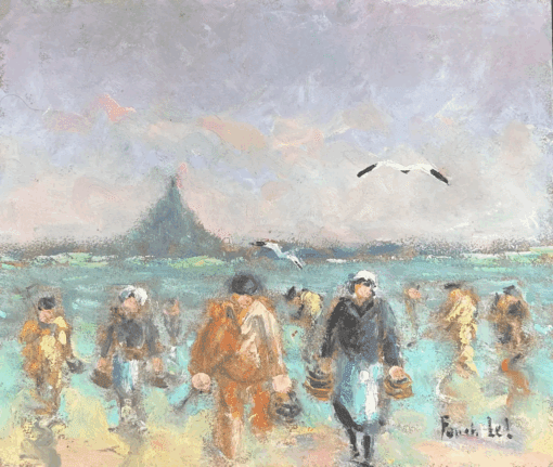 Fishermen & Figures Carrying Their Catches In Wicker Baskets French Oil Painting