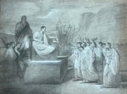 1800's French Neo Classical Old Master Chalk Drawing Roman Figures Court Scene