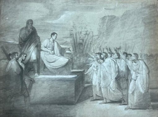 1800's French Neo Classical Old Master Chalk Drawing Roman Figures Court Scene