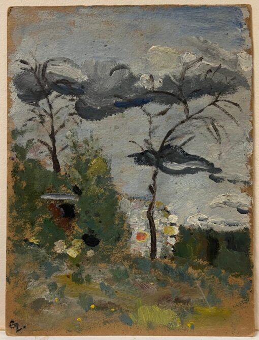 Mid 20th Century French Oil Painting Moody Landscape with Trees & Overcast Sky - Image 5