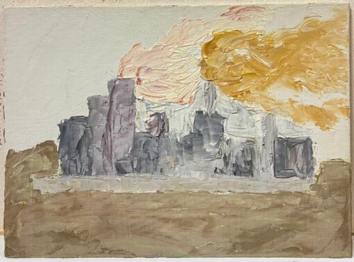 French Post Impressionist Factory and Rising Smoke Landscape Textured Oil - Image 2