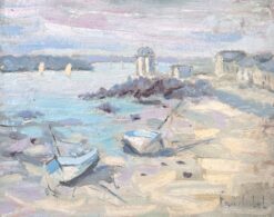 Docked Boats In a Sandy Harbour Sunset Beach French Oil Painting
