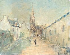 Figures Walking Through The Village Path Towards The Church French Oil Painting