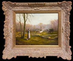 Lady in Woods with Logging Team Gatherin Firewood Fine English Oil Painting
