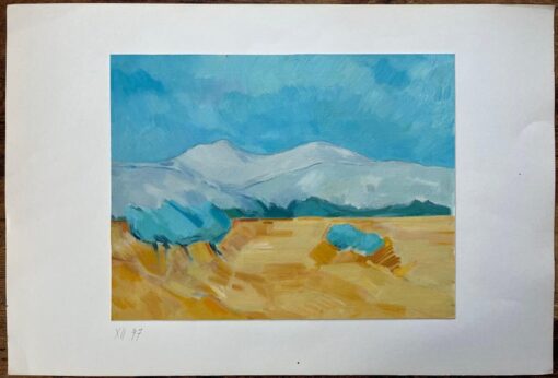 Original Oil Painting of Golden Fields with Distant Mountains and Blue Sky - Image 3