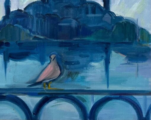 Original Oil Painting of Istanbul’s Blue Mosque with Reflection and Bird - Image 4