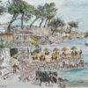French Watercolor of L'Hippocampe Beachfront Restaurant with Coastal Views