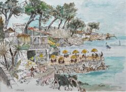 French Watercolor of L'Hippocampe Beachfront Restaurant with Coastal Views