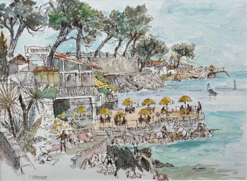 French Watercolor of L'Hippocampe Beachfront Restaurant with Coastal Views