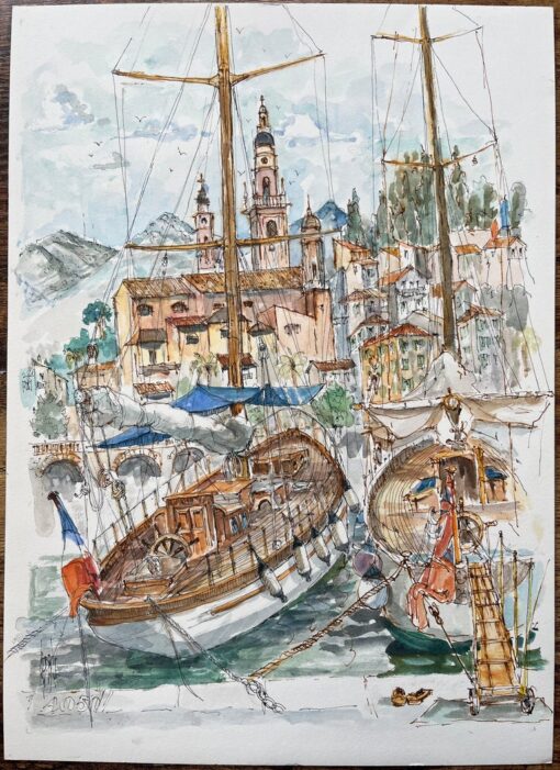 French Watercolor of Menton Harbor with Boats and Historic Skyline - Image 2
