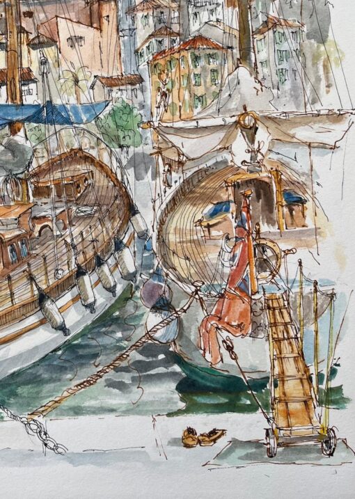 French Watercolor of Menton Harbor with Boats and Historic Skyline - Image 3