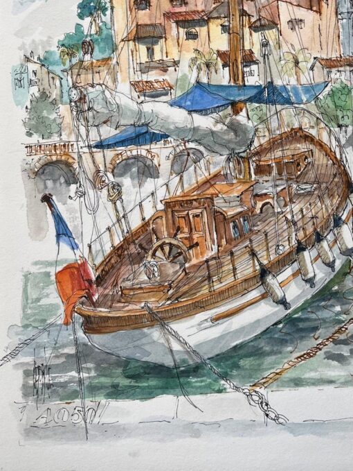 French Watercolor of Menton Harbor with Boats and Historic Skyline - Image 4