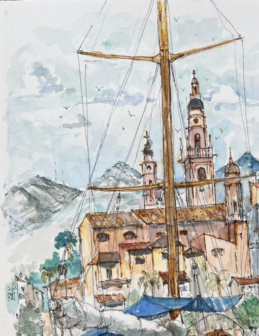 French Watercolor of Menton Harbor with Boats and Historic Skyline - Image 5