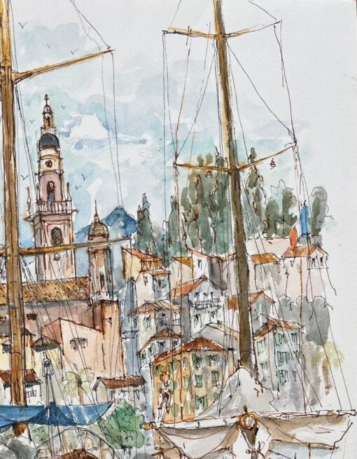 French Watercolor of Menton Harbor with Boats and Historic Skyline - Image 6