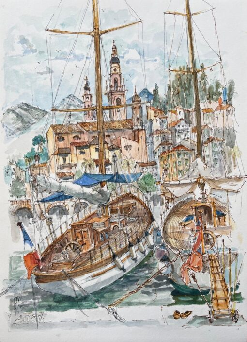 French Watercolor of Menton Harbor with Boats and Historic Skyline