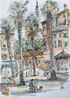 French Watercolor of Vibrant Square with Painter, Palm Trees, and Architecture