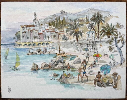French Watercolor of Seaside Scene with Beachgoers, Sailboats, and Architecture - Image 2