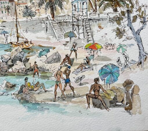 French Watercolor of Seaside Scene with Beachgoers, Sailboats, and Architecture - Image 3