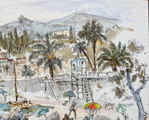 French Watercolor of Seaside Scene with Beachgoers, Sailboats, and Architecture - Image 4