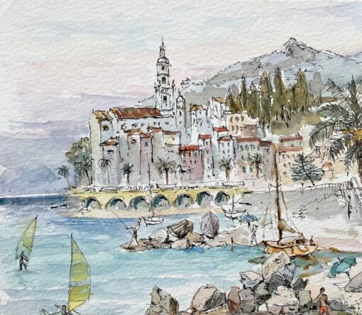 French Watercolor of Seaside Scene with Beachgoers, Sailboats, and Architecture - Image 5