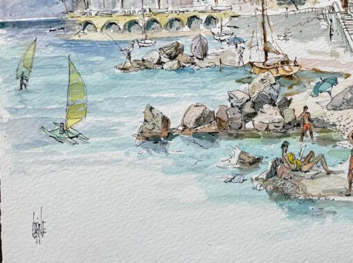 French Watercolor of Seaside Scene with Beachgoers, Sailboats, and Architecture - Image 6
