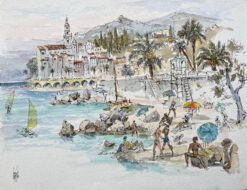 French Watercolor of Seaside Scene with Beachgoers, Sailboats, and Architecture