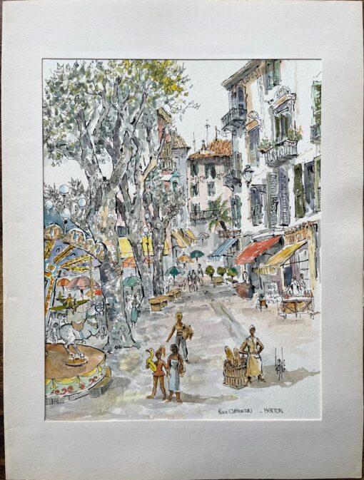 French Watercolor of Place Clemenceau in Menton with Carousel and Market Scene - Image 2