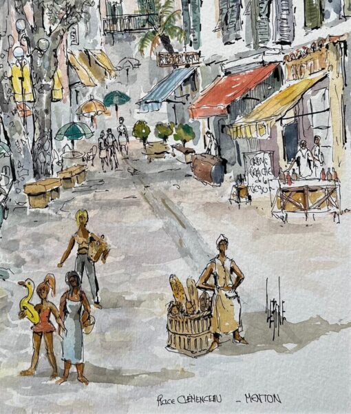 French Watercolor of Place Clemenceau in Menton with Carousel and Market Scene - Image 3