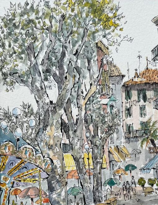 French Watercolor of Place Clemenceau in Menton with Carousel and Market Scene - Image 5