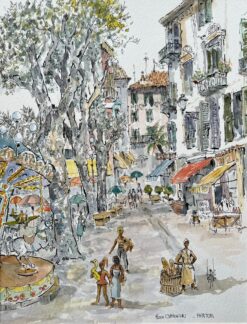 French Watercolor of Place Clemenceau in Menton with Carousel and Market Scene