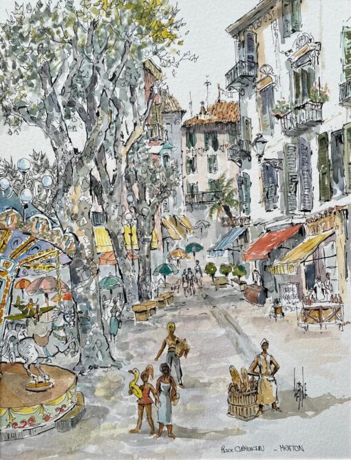 French Watercolor of Place Clemenceau in Menton with Carousel and Market Scene