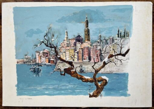 French Watercolor of Coastal Townscape with Bare Tree and Boats - Image 2