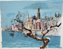 French Watercolor of Coastal Townscape with Bare Tree and Boats
