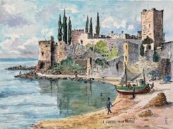 French Watercolor of Le Château de la Napoule with Coastal Scene