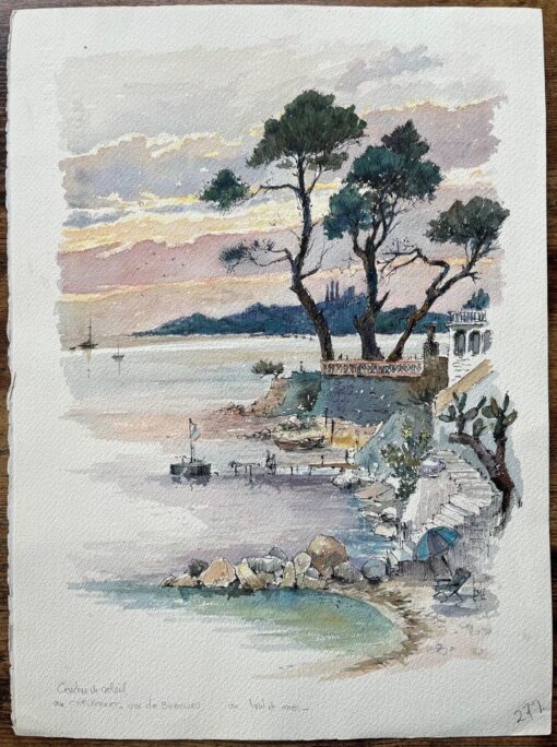 French Watercolor of Sunset on Beaulieu Coastline with Trees and Boats - Image 2