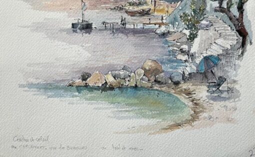 French Watercolor of Sunset on Beaulieu Coastline with Trees and Boats - Image 3