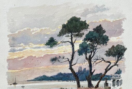 French Watercolor of Sunset on Beaulieu Coastline with Trees and Boats - Image 5