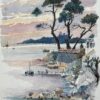 French Watercolor of Sunset on Beaulieu Coastline with Trees and Boats