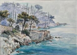 French Watercolor of Coastal Cliffside in Nice with Trees and Sailboat