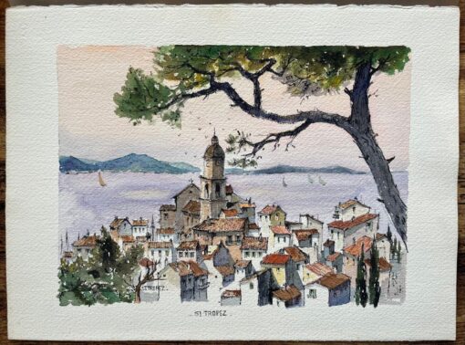 French Watercolor of St. Tropez Skyline with Bell Tower and Sea View - Image 2