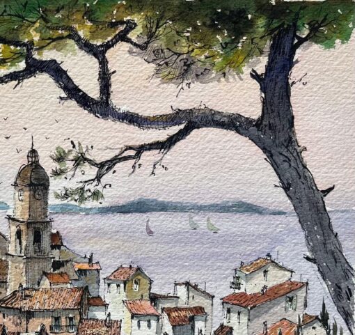 French Watercolor of St. Tropez Skyline with Bell Tower and Sea View - Image 6
